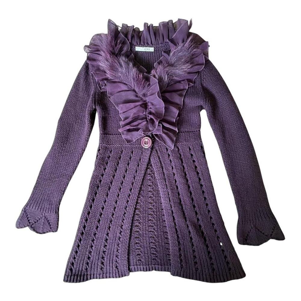 Euro brand joyx long purple knit babydoll cardigan with ruffles and fur trim